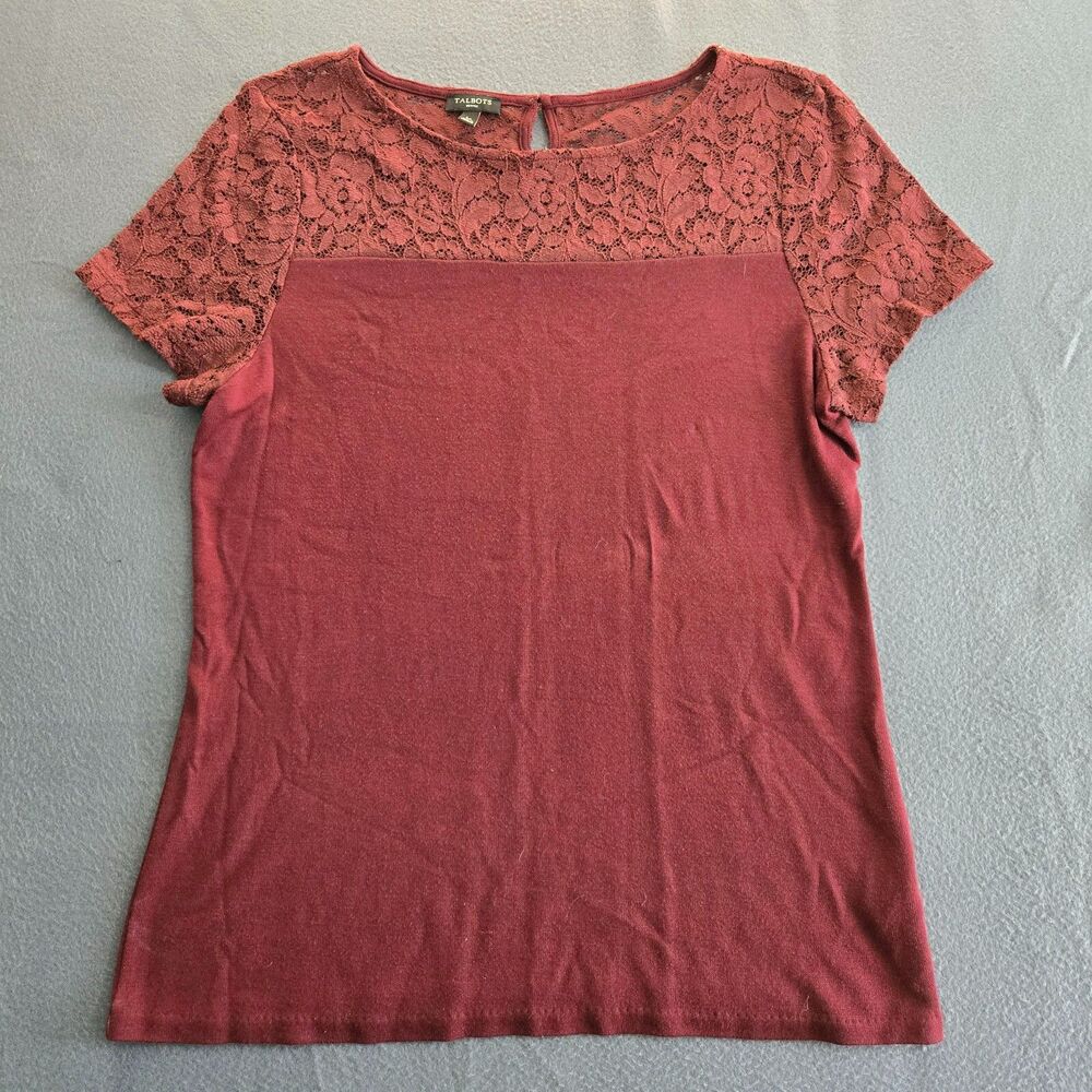 Talbots Blouse Women LP Red Floral Lace Short Sleeve Top Stretch Keyhole Back